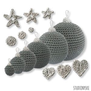 Christmas balls crochet pattern hearts stars dots appliques amigurumi PDF