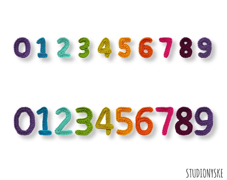 May include: Two rows of crocheted numbers 0 through 9 in a rainbow of colors. The numbers are in purple, blue, teal, green, yellow, orange, red, pink, burgundy, and dark purple. The numbers are on a white background.