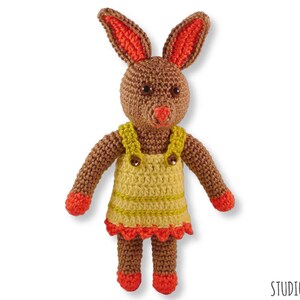May include: A crocheted brown bunny wearing a yellow and orange dress with a crocheted flower detail.