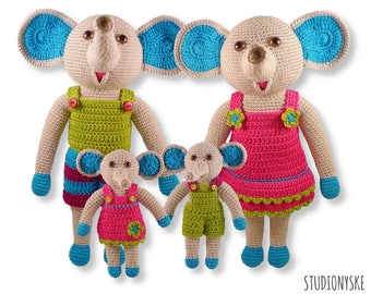 Crochet animal doll, PATTERN elephant FAMILY, tutorial stuffed toy pdf