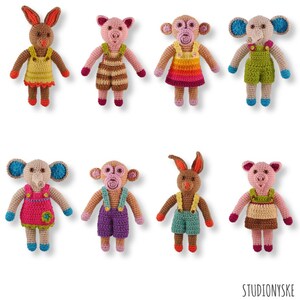 May include: Eight crocheted stuffed animals, including a rabbit, pig, monkey, and elephant, each wearing dungarees in different colours and patterns.