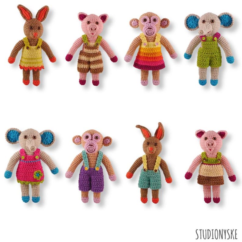 May include: Eight crocheted stuffed animals, including a rabbit, pig, monkey, and elephant, each wearing dungarees in different colours and patterns.