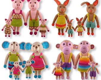 Animal crochet PATTERN deal, 4 families, pig, monkey, rabbit, bunny, elephant pdf