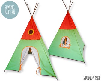 Teepee PATTERN sunflower kids play tent with door window curtains instant download PDF