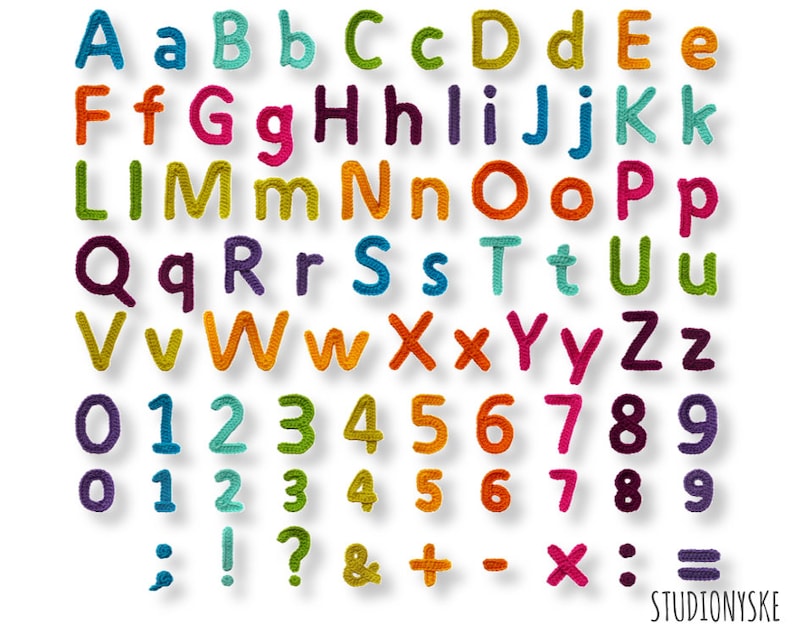 Applique alphabet pattern crochet uppercase lowercase large small letters numbers punctuation marks math signs