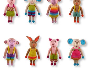 Birthday present child,  8 large amigurumi animals, crochet PATTERN pdf elephant, monkey, pig, bunny, rabbit