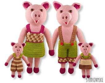 Crochet toy amigurumi, pig PATTERN FAMILY, stuffed animal pdf tutorial