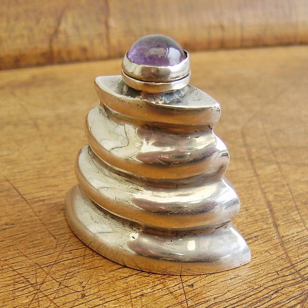 Vintage 1970s Taxco Mexico 980 Sterling Silver Scent or Perfume Bottle with Amethyst Stopper