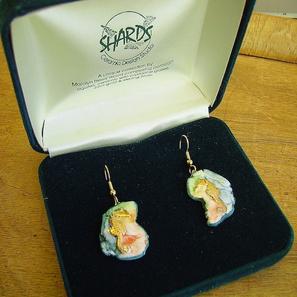 Vintage 1980s Studio Pottery Ceramic & 22ct Gold Seahorse Earrings in Case Maralyn Reed Wood