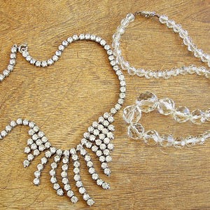 Vintage 1930s 1940s Clear Rhinestone Diamante Art Deco Bridal Fringe Necklace 14.5&quot; With Another Cut Glass