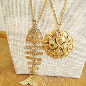 1960s/1970s Goldtone Vintage Textured Large Exquisite Segmented Fish Pendant & Another Sphinx Flower