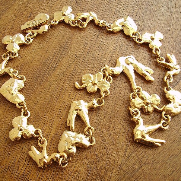 Vintage Goldtone Catwalk Charm Choker Necklace Guy Laroche Birds Hearts Flowers Toggle Clasp