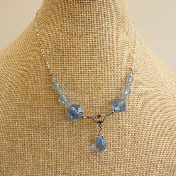 Gorgeous 1920s Art Deco Cut Bohemian Blue Glass Drop Pendant on Chrome Chain Necklace