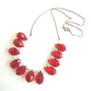 Vintage Tschechische Rot Facettierten Kristall Tröpfchen Sterling Silber Halskette Art Deco