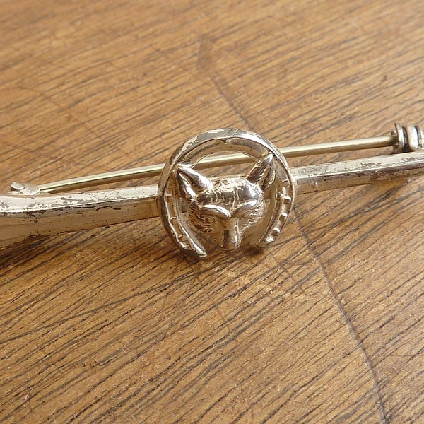 Antique Edwardian Sterling Silver Equestrian Riding Stock Pin with Fox Head & Lucky Horseshoe Nail Brooch WBS