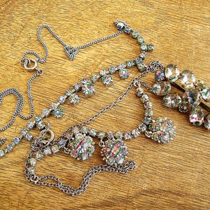 Antique 1920s Art Deco Iris Glass Crystal Necklace & Brooch 1930s 16&quot; Flapper Jewellery
