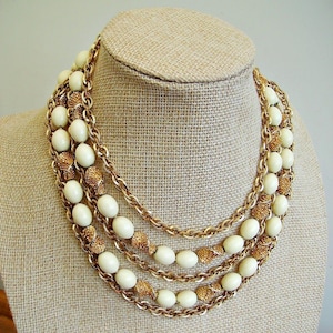 Vintage 1970s Gold Tone Chain & White Lucite Bead 5 Strand Trifari Necklace