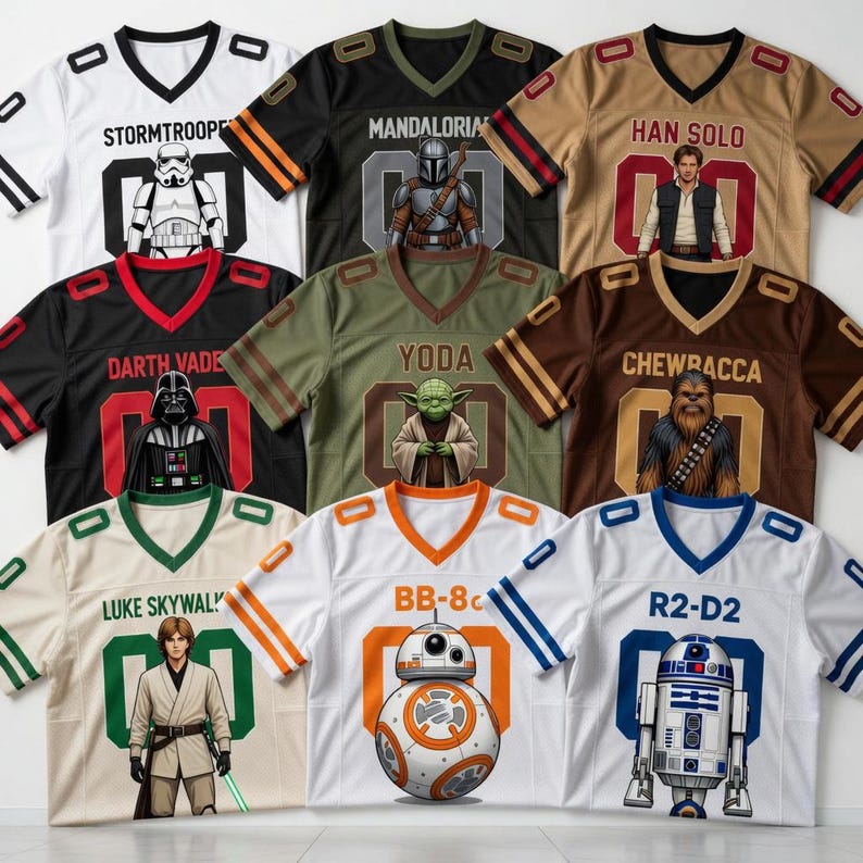 Op de afbeelding: Collectie American football-shirts met Star Wars-thema. Elk shirt toont de naam en afbeelding van een personage, waaronder Stormtrooper, Darth Vader, Yoda en R2-D2. De shirts zijn wit, zwart, bruin en groen, met contrasterende kleuraccenten.