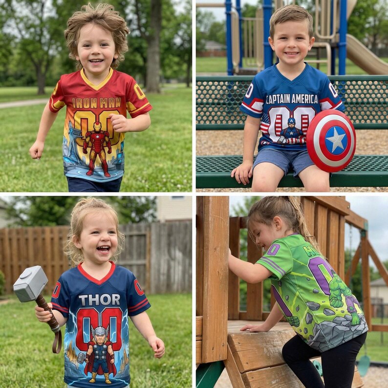 Pu&ograve; includere: Quattro bambini indossano maglie a tema supereroi. Le maglie presentano disegni di Iron Man, Capitan America, Thor e Hulk. La maglia di Iron Man &egrave; rossa e oro, quella di Capitan America &egrave; blu, quella di Thor &egrave; blu navy e quella di Hulk &egrave; verde.