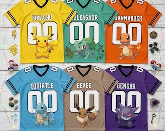 Maglia da calcio PKM personalizzata con nome personalizzato, maglia di compleanno PKM, maglia Y2K, maglietta Pikachu Squad, abbigliamento coordinato per feste di famiglia, regalo per bambini