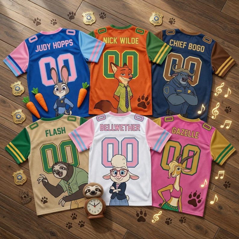Pu&ograve; includere: Sei maglie colorate a tema Zootropolis con nomi e numeri di personaggi. Ogni maglia presenta un'illustrazione di un personaggio diverso, tra cui Judy Hopps, Nick Wilde e Chief Bogo. Le maglie sono esposte su una superficie di legno con impronte di zampe e note musicali.