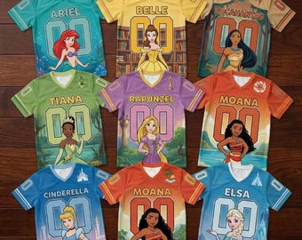 Personalized Disney Princess Football Jersey Custom Name, Princess Squad Shirt Family Matching Party Outfit Gift, Princess Birthday Jersey