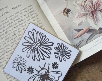 Bumble bee and Florals Lino Print