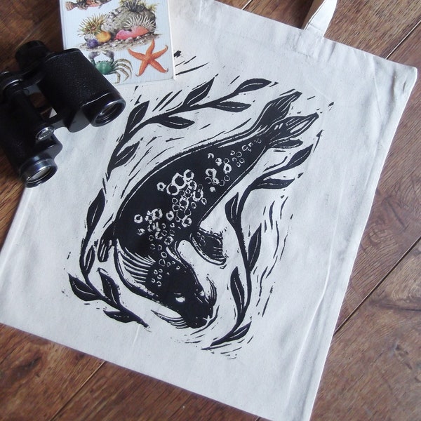 Screen Printed Grey Seal Natural Tote Bag