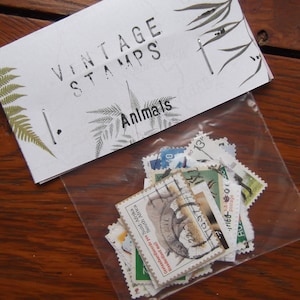 Pu&ograve; includere: Una busta bianca con la scritta "VINTAGE STAMPS Animals" stampata su di essa. La busta contiene una collezione di francobolli di animali vintage.