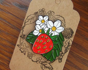 Soft Enamel Strawberry Pin Badge - Wildlife Illustration - British Wildflower - Soft Enamel - Pins