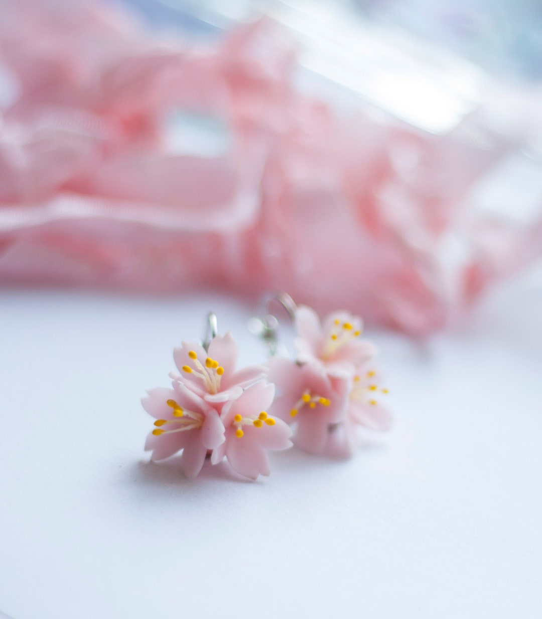 Pink Sakura Leverback Earrings Handcrafted Polymer Clay - Etsy