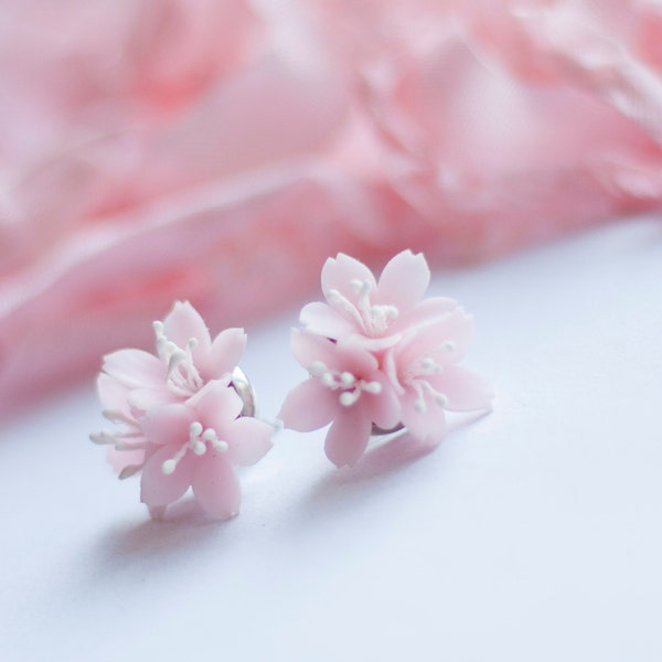 Pink Sakura Stud Earrings Handcrafted Polymer Clay Flowers