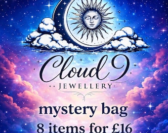 May include: A digital graphic featuring a crescent moon and sun illustration above clouds against a starry sky. The text reads Cloud 9 Jewellery, mystery bag, and 8 items for £16. The color palette consists of deep blues, purples, and bright white.