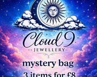 May include: A digital graphic featuring a crescent moon and sun face illustration above clouds against a starry blue and purple sky. The text reads Cloud 9 Jewellery, mystery bag, and 3 items for £8, presented in a dark blue serif font.