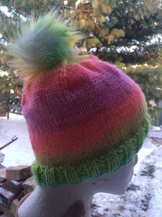 Pink Multicolor Hand Knit Hat w optional Pom Pom  Handmade Hat  Pom Pom Hat  Knitted Hat  Hand Knit Pom Hat  Free Shipping