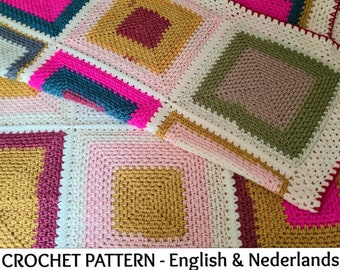 English + Dutch Crochet Pattern Log Cabin Blanket / Throw Hyggeligt