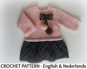 English + Dutch Crochet Pattern Trendy Baby & Toddler Dress Pompom 0-36 months 3yo - US terms