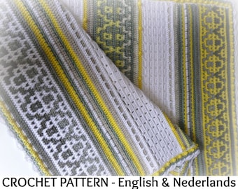 English + Dutch Crochet Pattern Mosaic Blanket / Throw  "Sunny Grey", Baby blanket to King size Adult