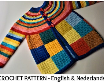 English + Dutch Crochet Pattern Stash Busting Seamless Baby & Toddler Cardigan Dolly's Coat of many colors - 3 months to 4 years