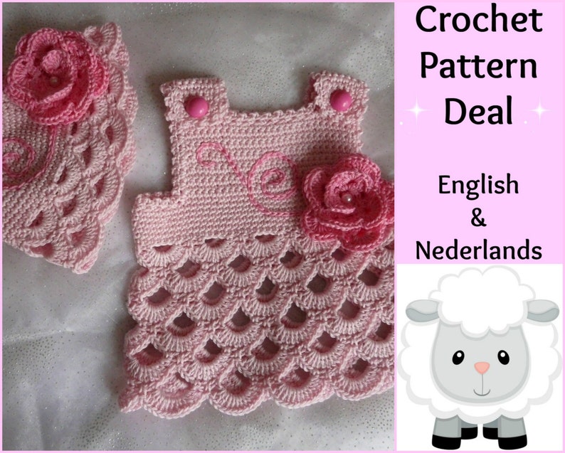 Dutch Crochet Patterns Baby Set Pink Rose Beanie 0-18 months 2 English Dress