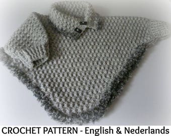 English + Dutch Crochet Pattern Baby / Toddler Poncho with sleeves Batik Grey 3-36 months - US Terms