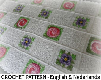 English + Dutch Crochet Pattern Baby Blanket "Roses are Red - Violets are Blue"