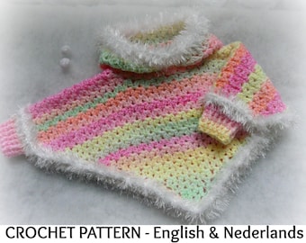 English + Dutch Crochet Pattern Baby Hooded Poncho with cuffs 6-36 months