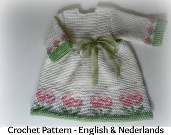 English + Dutch Crochet Pattern Trendy Baby & Toddler Dress Fair Isle Roses 0-24 months