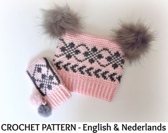 English + Dutch Pattern - Baby / Toddler Beanie + Mittens Selbu Style -  Sizes 0 to 36  months - 3yo - US Terms