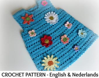 English + Dutch Crochet Pattern Baby Summer Dress Flower Power 0-36 months