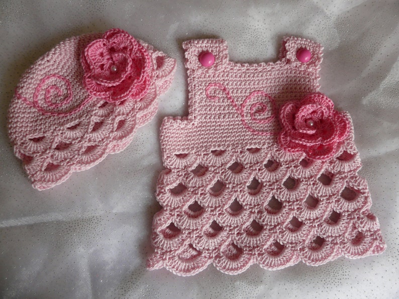 Dutch Crochet Patterns Baby Set Pink Rose Beanie 0-18 months 2 English Dress