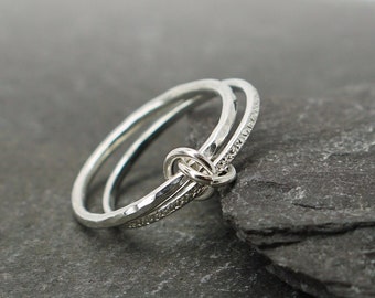 Fidget Ring Interlocking Stardust & Hammered Sterling Silver ~ spinning ring, hammered, meditation ring, anxiety ring, ADHD