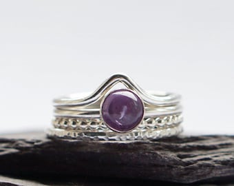 Amethyst Chevron Sterling Silver Stacking Set ~ statement ring, gemstone, birthstone, solitaire ring, stackable, recycled