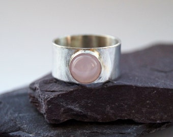 Rose Quartz Wide Sterling Silver Ring ~ unisex, men's ring, women's ring, gemstone. statement ring, rose, pink, recycled